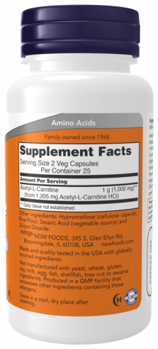 NOW Acetyl L-Carnitine 500 mg, Ацетил L-Карнитин 500 мг, 50 капсул